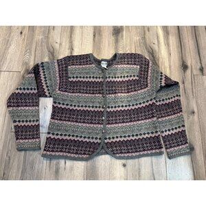 Vintage SKYR Wool Cardigan Sweater M Fair Isle Pattern Gray Pink Purple